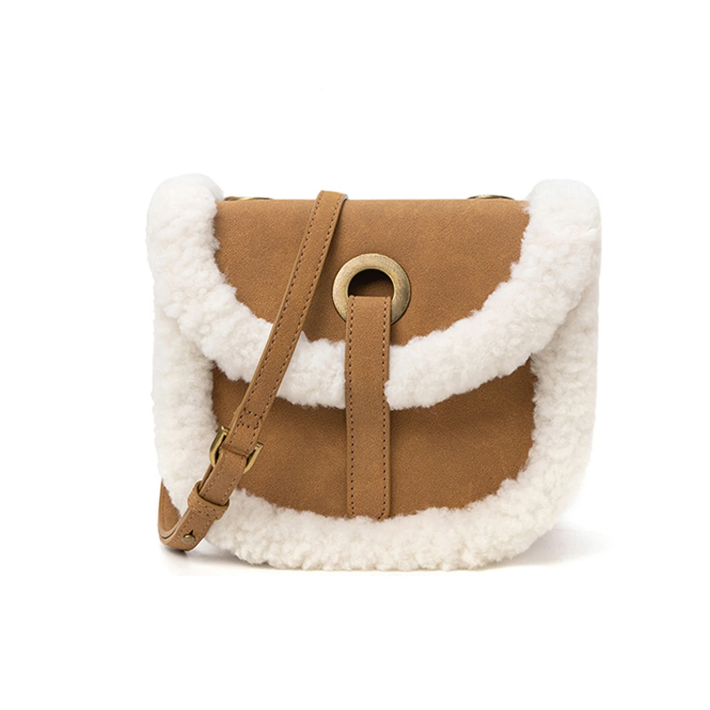 

Autumn Winter Women's Bag Faionable Faux Fur Genuine Leather Crossbody Saddle Bag Versatile Casual Simple Sle