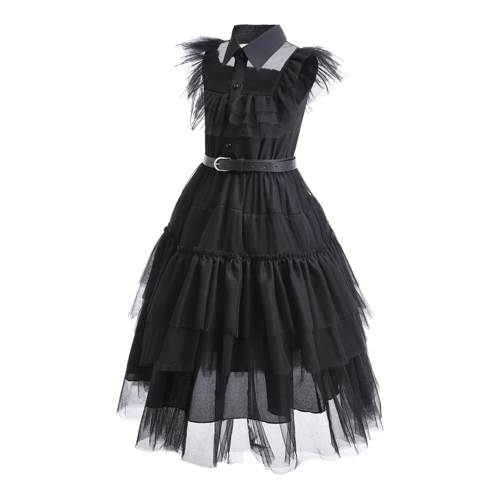 W-Wednesday Dress for Girls Black Gothic Costume Kids Teen Wednesdays Addams Dance Vestidos Halloween Cosplay Robe Clothes