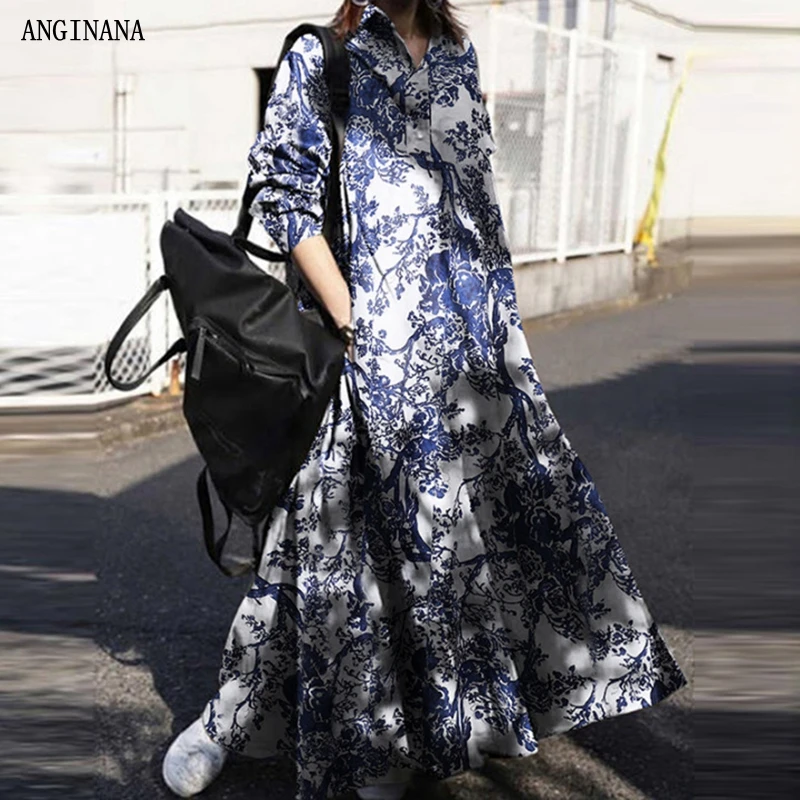 Summer oversized 10xl 150 kg women\'s dress large 6xl 8xl lapel long sleeve loose print big dress dark blue