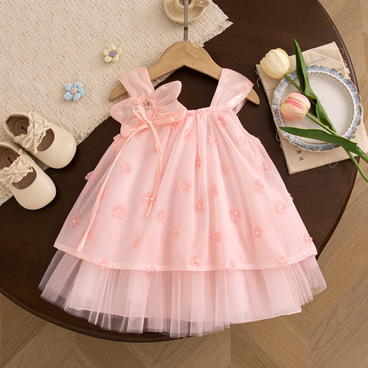 Summer Baby Girl Outfit Korean Style Sweet Pink Flowers Solid Color Toddler Princess Dress Birthday Party Children's Fairy Dress