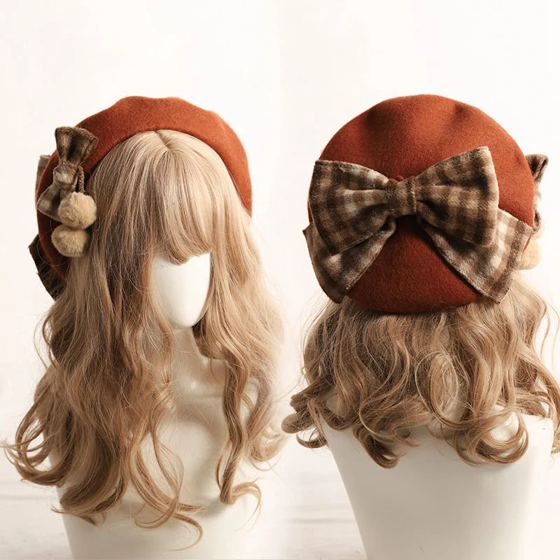 Japanese Style Hand Made Lolita Girl French Beret Cap Girl Warm Wool Painter Cap Women Classic Large Bow Beret Elegant JK Hats