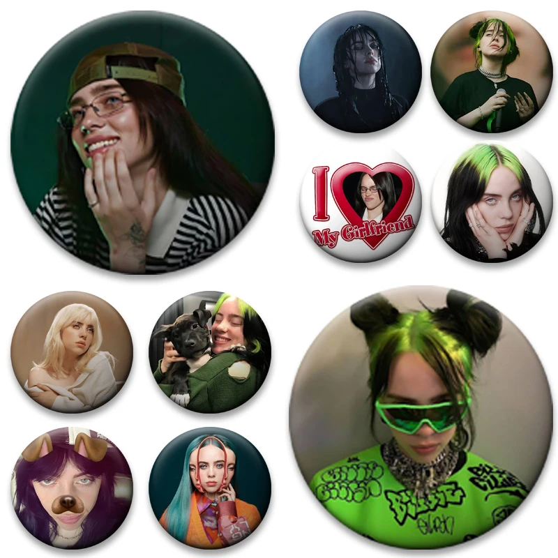 58mm B-Billie Singer E-Eilish Round Badge Snap Brooches Lapel Pin Clothing Accessories Backpack Decoration Fans Collection Gifts