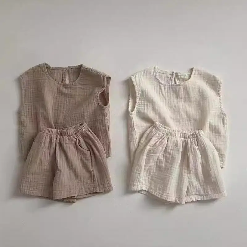 

2026 Summer New Baby Sleeveless Clothes Set Solid Infant Girl Thin Breathable Vest + Shorts 2pcs Suit Toddler Boy Cotton Outfits