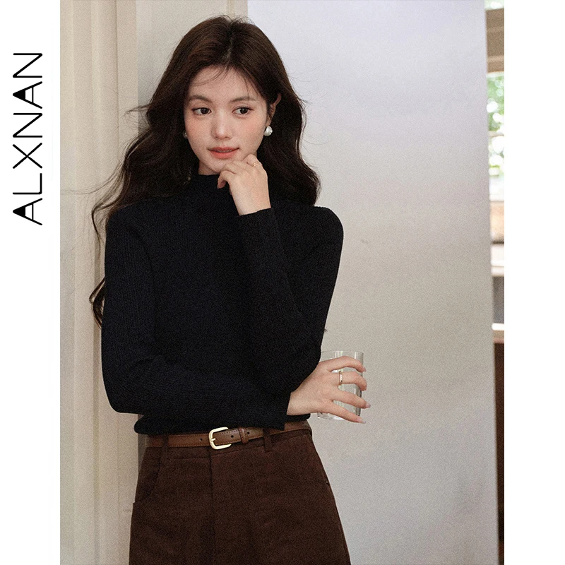 

ALXNAN Women's Black Sweater 2025 Autumn Slim-fit Half-high Collar Long Sleeve Sweater Casual Basic Wool Pullovers Ladies L57903