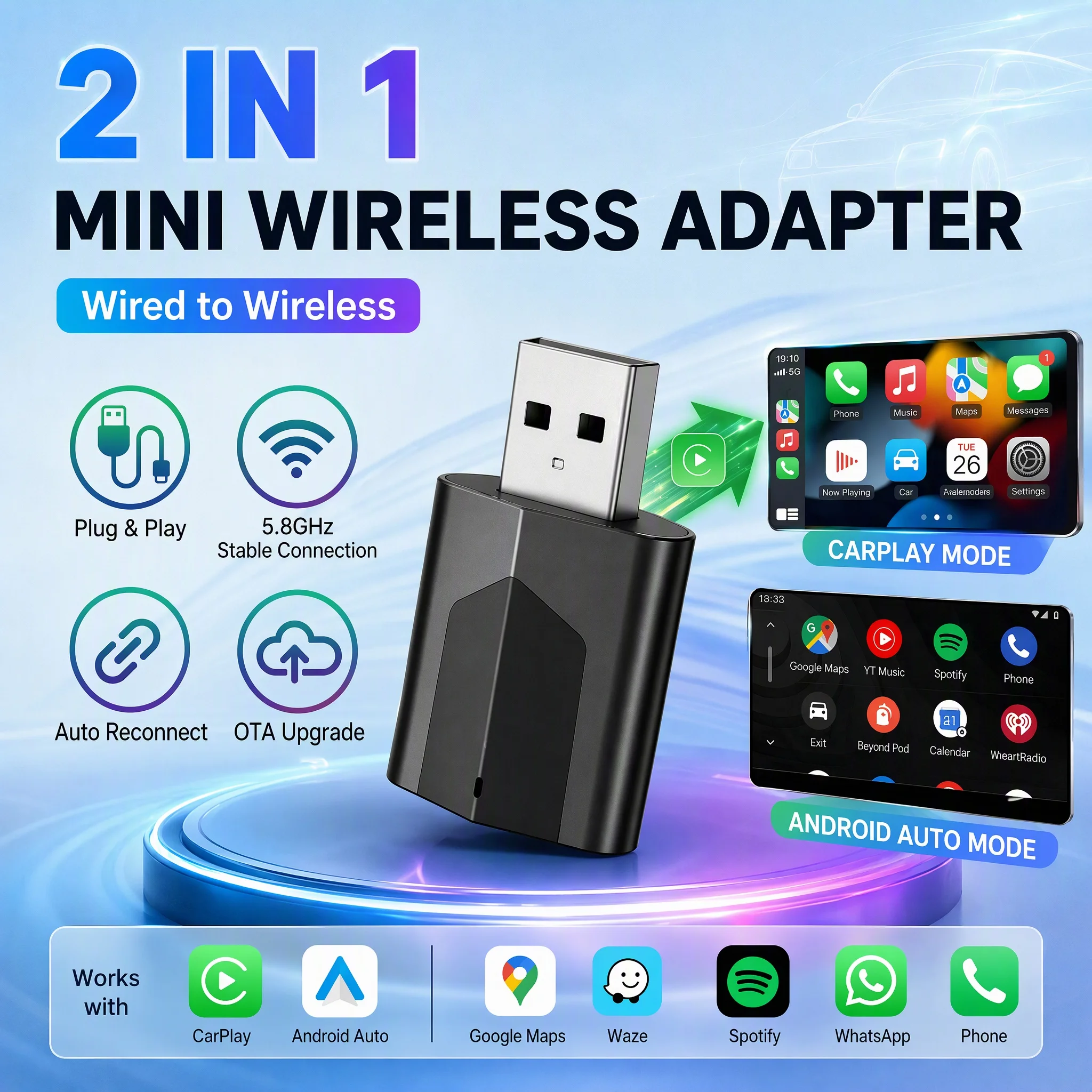 Mini 2 In 1 Smart Wireless CarPlay Adapter, Universal Android Auto Dongle for Car Entertainment System, Portable Lightweight Hid