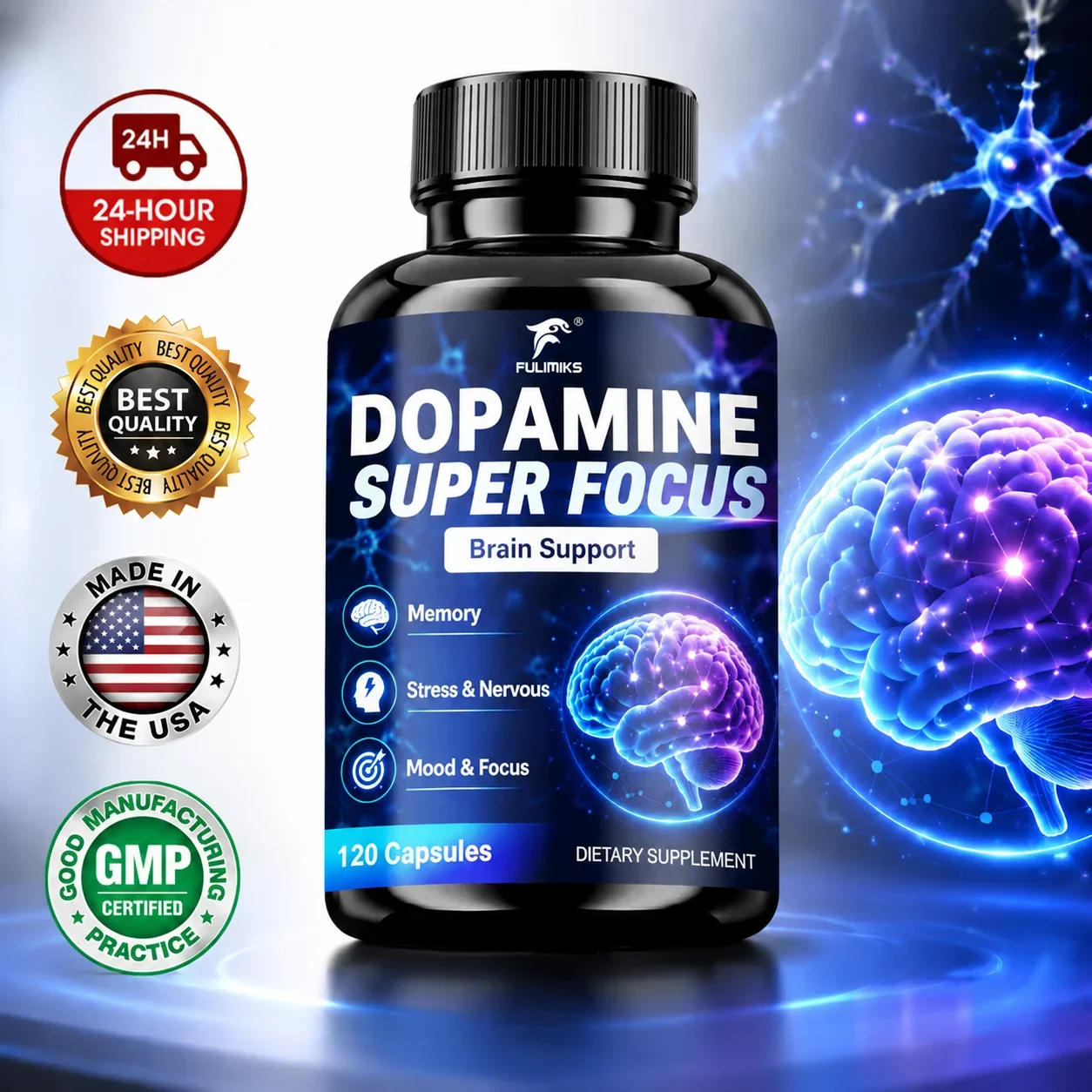 Dopamine Super Focus Nootropic Capsules, with Magnesium L-Theanine, Support Dopamine Levels, Focus, Memory & Ease Mental Tension