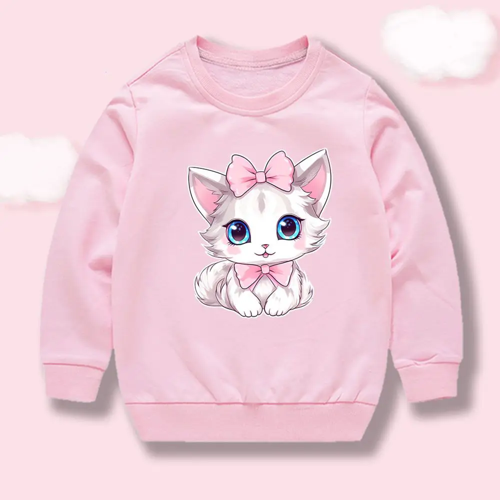 Mädchen-Sweatshirt mit niedlichem Schleifen- und Kätzchenmuster, Rundhalsausschnitt, lange Ärmel, weiches, bequemes Oberteil für Kinder, geeignet für Frühling und Herbst.