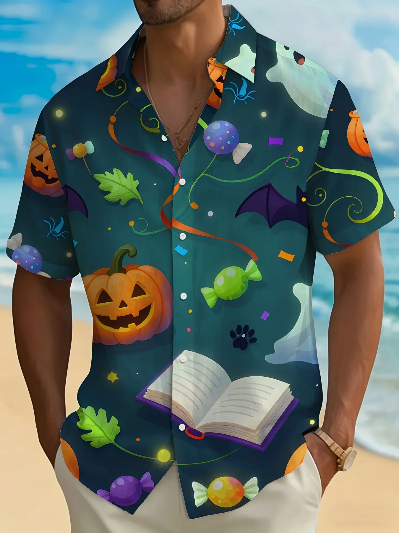 Men's Hawaiian Short Sleeve Shirt Vintage Colorful Halloween Print Fashion Turn Down Collar Casual Beach Holiday Top Men Clothes