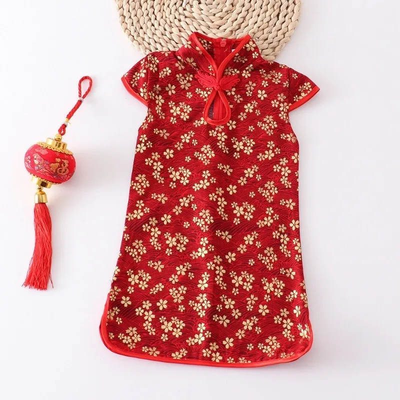 New Year Red Qipao Summer Dress Girls Fragmented Flower Clothes Girls Retro Classical New Chinese Style Print Button Dresses