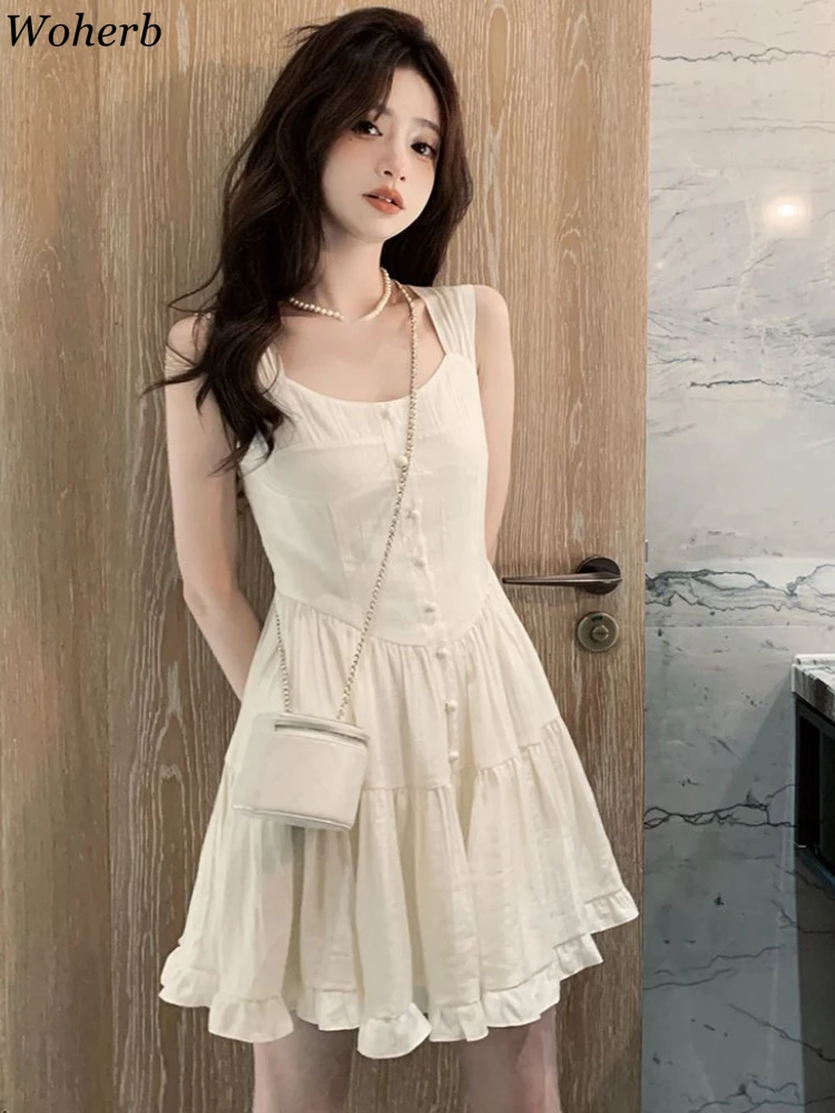 White Summer New Woman Dress 2024 Vestidos De Mujer Slim Waist Ruffles Sweet Robe Femme Tunic Button Fashion Korean Y2k Dresses