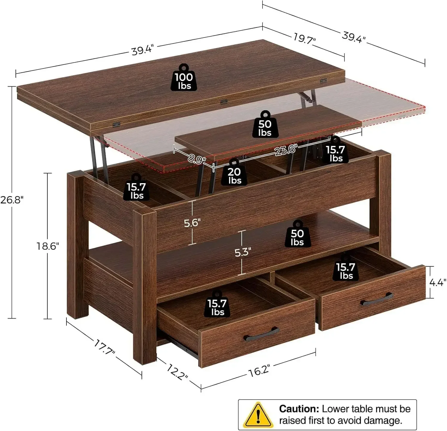 Espresso Lift Top Coffee Table Split Lift Design Hidden Compartment 2 Drawers Adjustable Height Wooden Tabletop Living Room