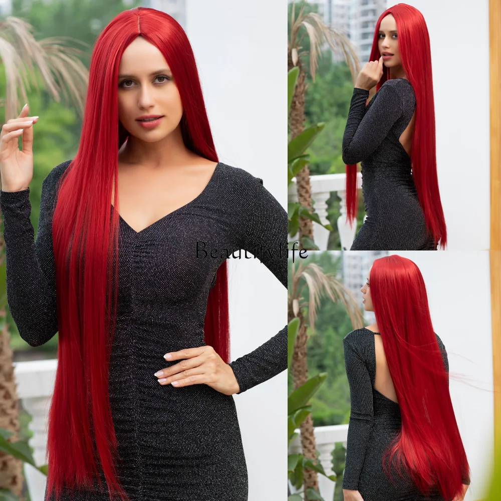 European and American wigs, anime long ornaments, 1 meter medium point, red gray long straight hair