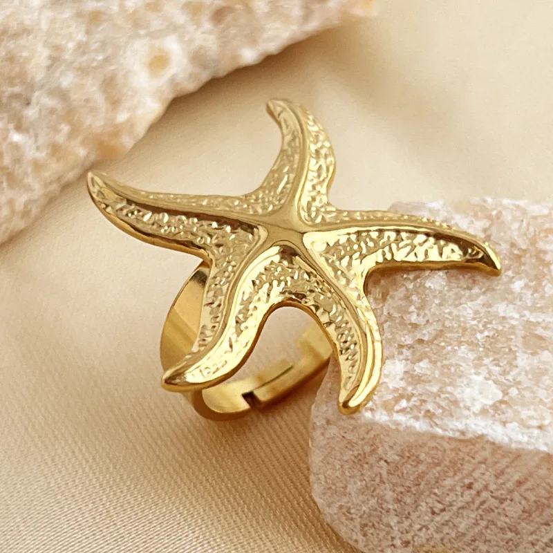 1pc Starfish Shaped Funny Stainless Steel Opening Ring 14K Gold Plated Funny Accessories Men and Women\'s Ring for Daily Wear