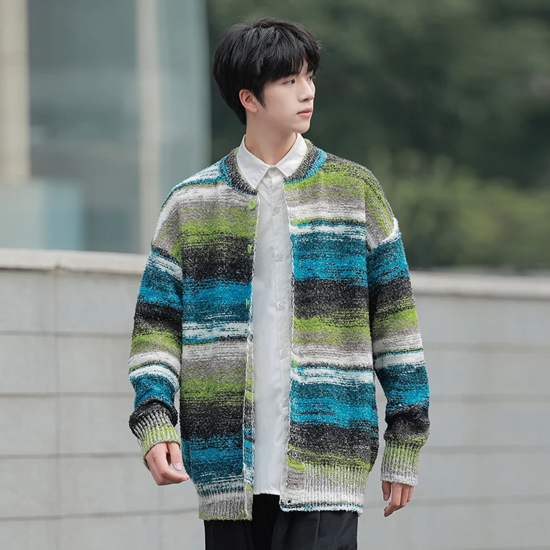 Men's Spring Multicolor Cardigan Crewneck Knitted Long-sleeved Versatile Cardigan Casual Men's Skin-friendly Cardigan