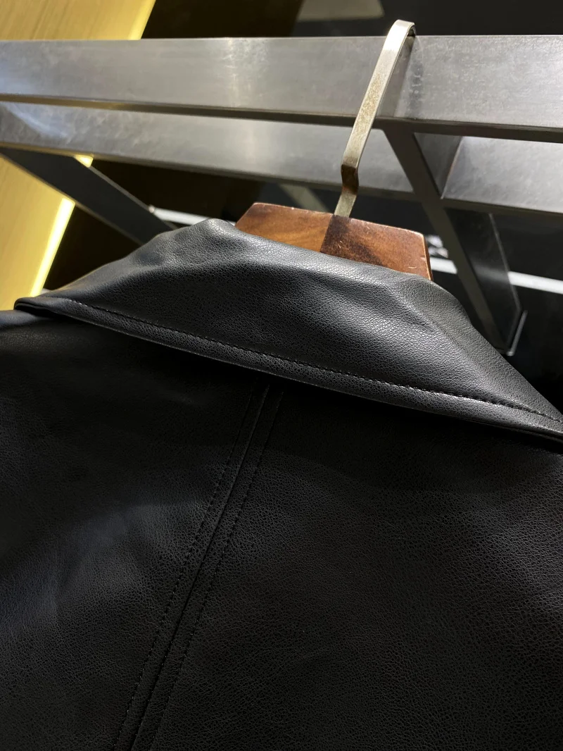 

Oil Waed PU Leather Biker Jaet Men's Faion Casual Lapel Coat Autumn Winter Youth Vitali Sle Zipper Closure Leather ...