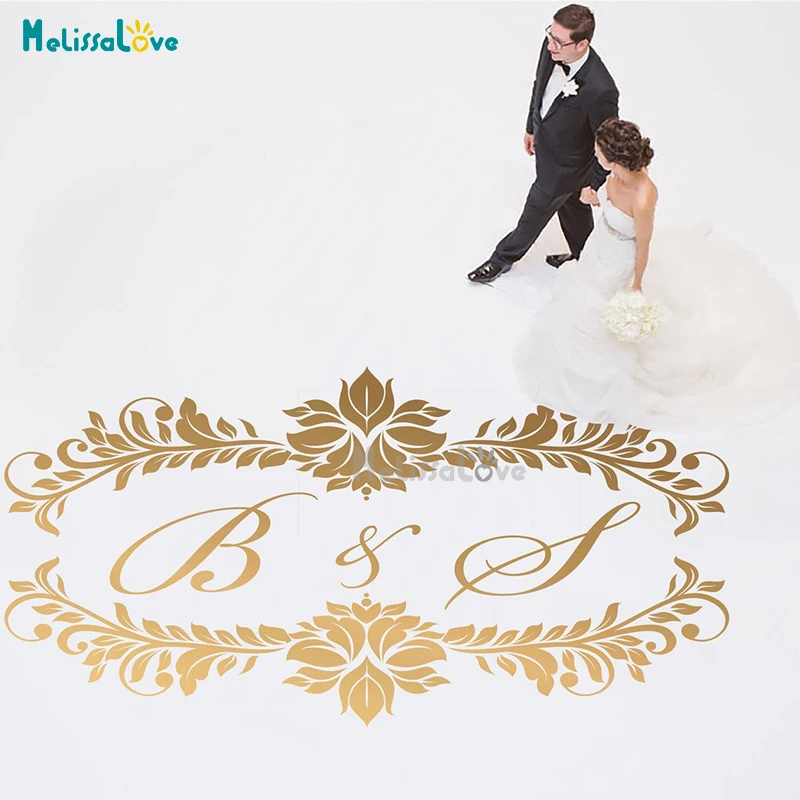 

Wedding Party Dance Floor Decal Flowers Wreath Design Custom Initial Removable Vinyl Wall Sticker Mural BD984