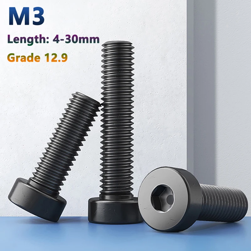 20/50/100pcs M3 Hexagon Hex Socket Cap Head Screws Black 12.9 Grade Steel Thin Low Short Profile Head Allen Screw Bolts Din7984