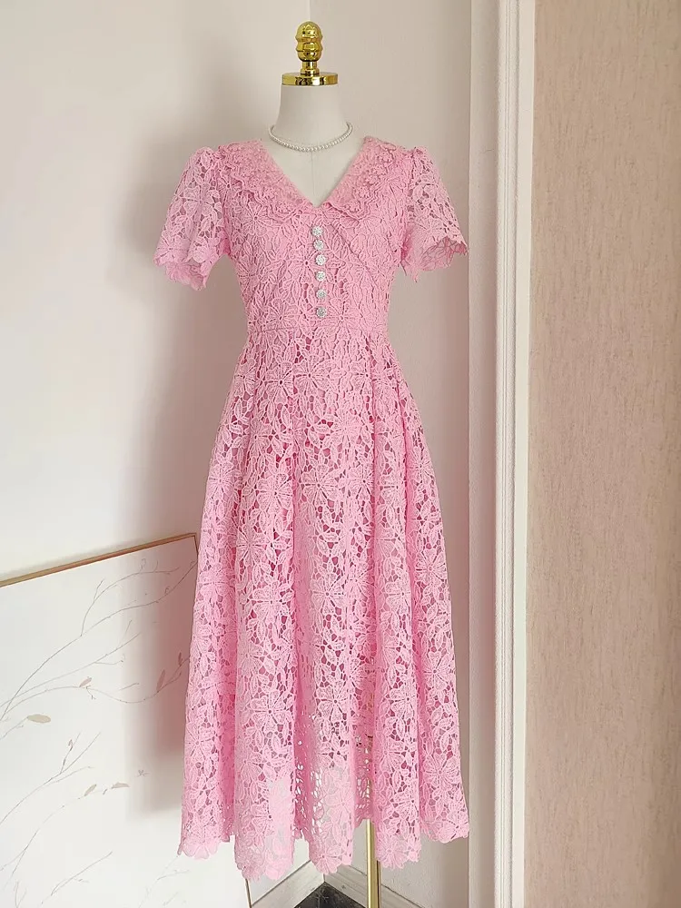 Summer Holiday Flower Embroidery Lace Dress Women Water Soluble Hook V Neck Diamonds Buttons Belt Evening Wedding Party Sundress