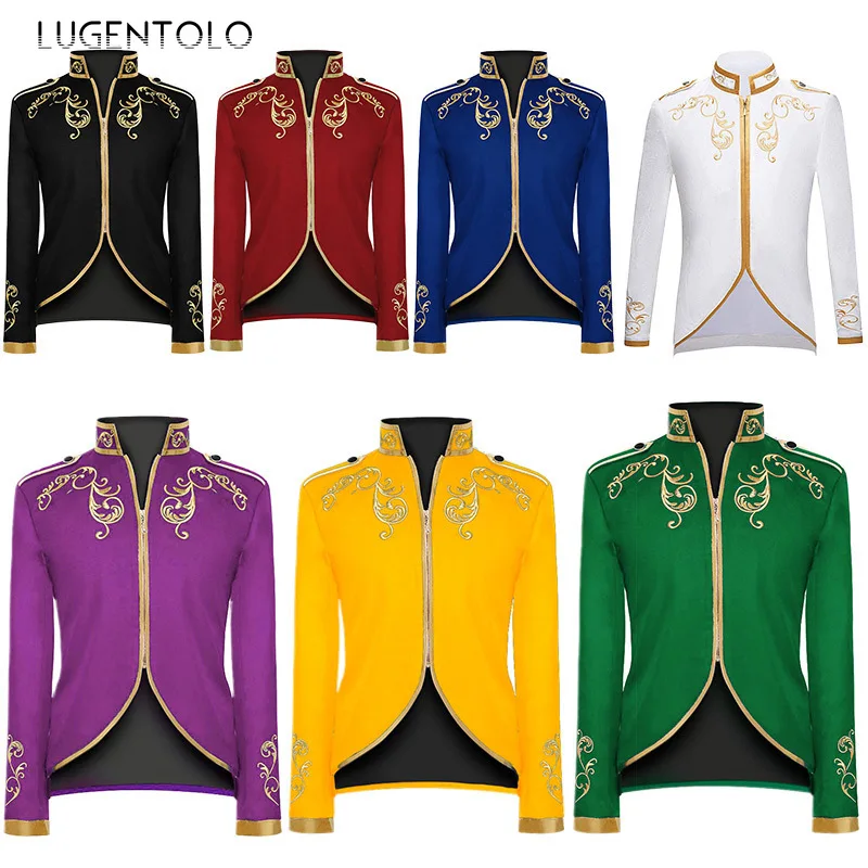 

Men Court Prince Jacket Embroidery Medieval Retro Fashion Sport Suitt Zipper Stand Collar Straight Party New Halloween Coats