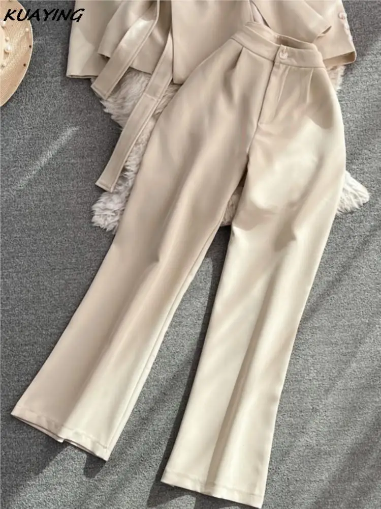 Korean Women Suits 2 Pieces Long Sleeve Blazer High Waist Straight Pants Vintage Sets Female Fashion Office Lady Solid Clothes