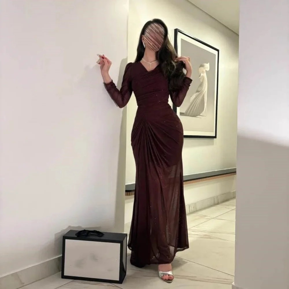 

Customized Exquisite Ruched Women Prom Dress Sexy Long Sleeve Charming Mermaid Floor Length Party Dress Beading Evening Gown