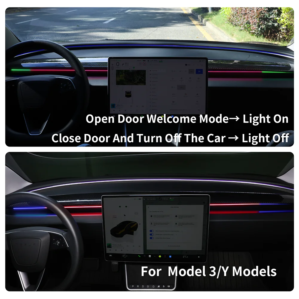 عرض الإضاءة المحيطة للسيارة لطراز تسلا 3 هايلاند/الطراز Y 2017-2025 قمرة القيادة ضوء الزخرفية تعديل ملحقات السيارة #1