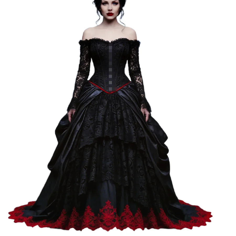 Victorian Black And Red Gothic Wedding Dress With Lace Dark Fantasy Long Sleeve Steampunk Bridal Gown 2026 Ruched Vampire Celtic