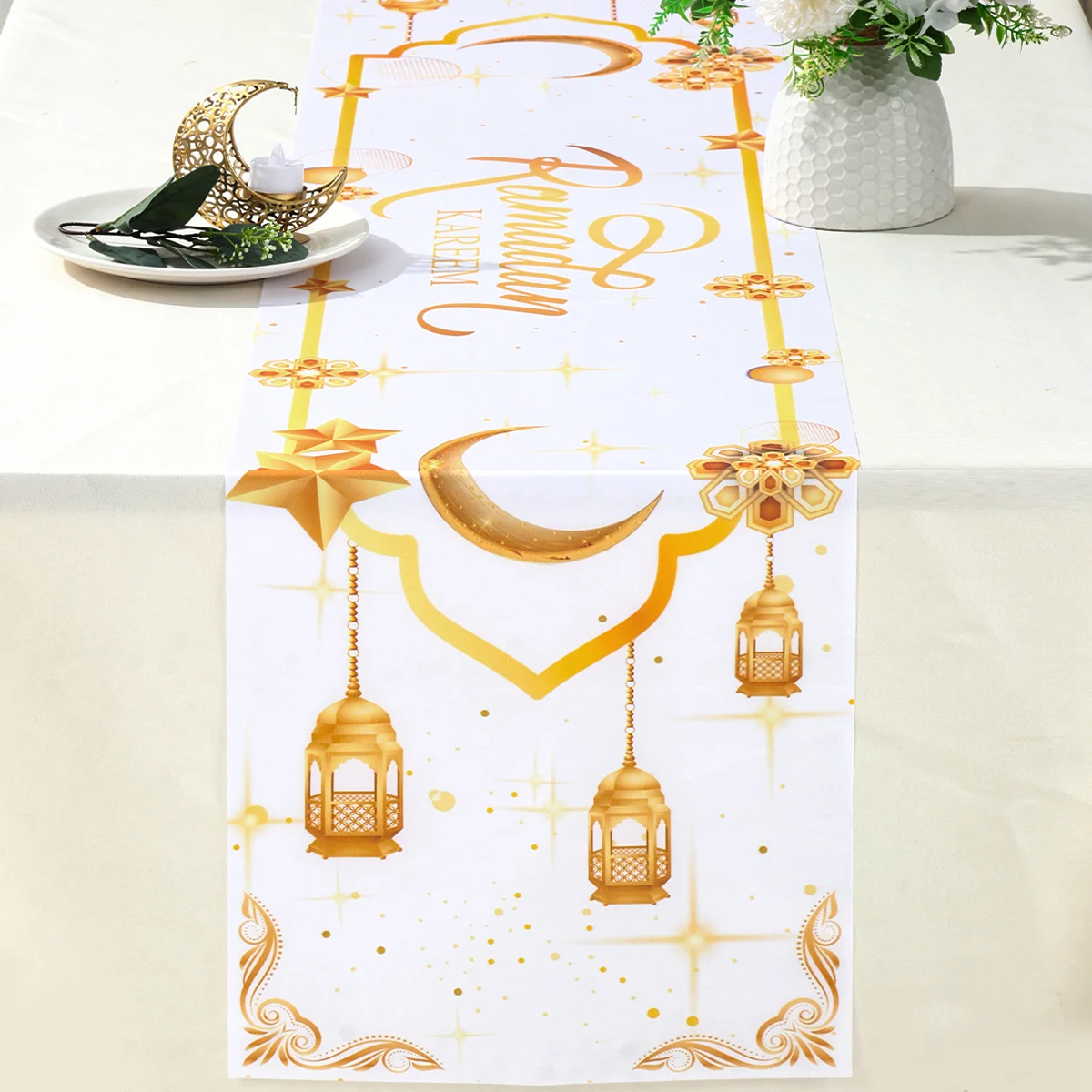 2024 Eid Mubarak Decoration Tablecloth Table Runner Banner Balloons Islamic Muslim Party Decor Ramadan Kareem Eid Al Adha Gift