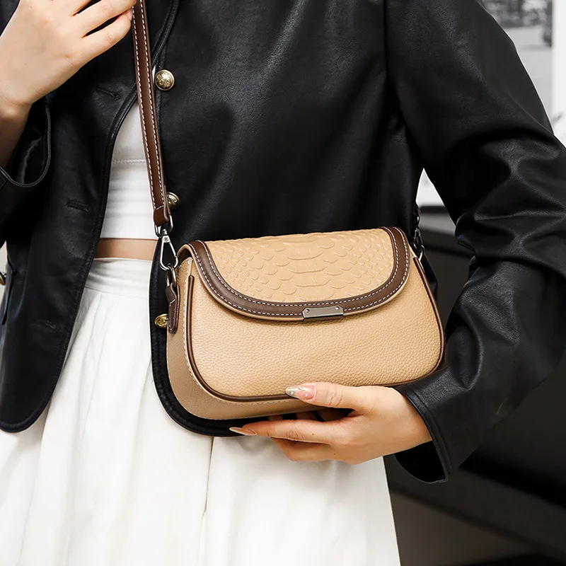 New High-grade Leather Small Square Bag Fashion Colour Blocking Shoulder Bag High-quality Head Layer Cowhide Crossbody Bag