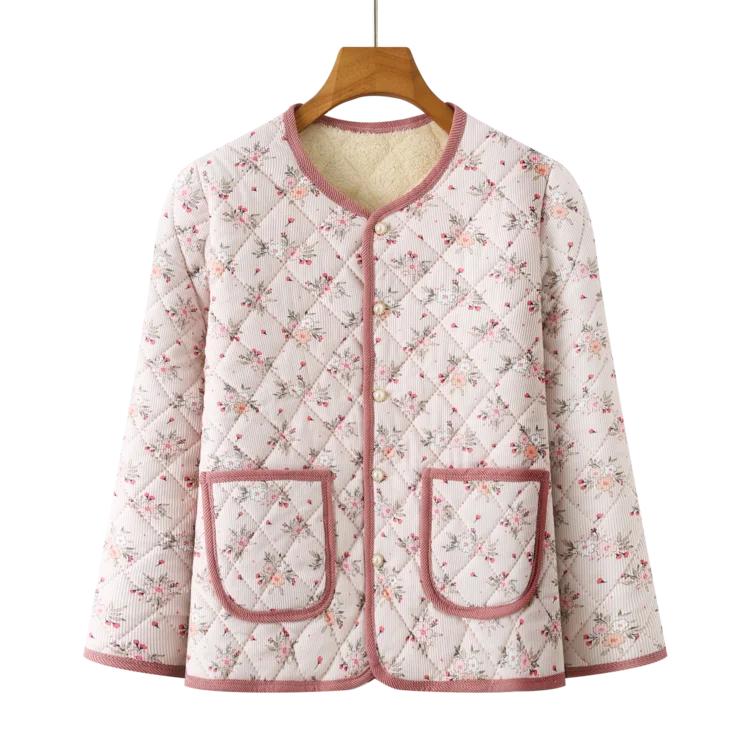 سترة قطنية مطبوعة بالزهور مبطنة بالصوف السميك قصيرة الطول للخريف والشتاء للنساء في منتصف العمر وكبار السن