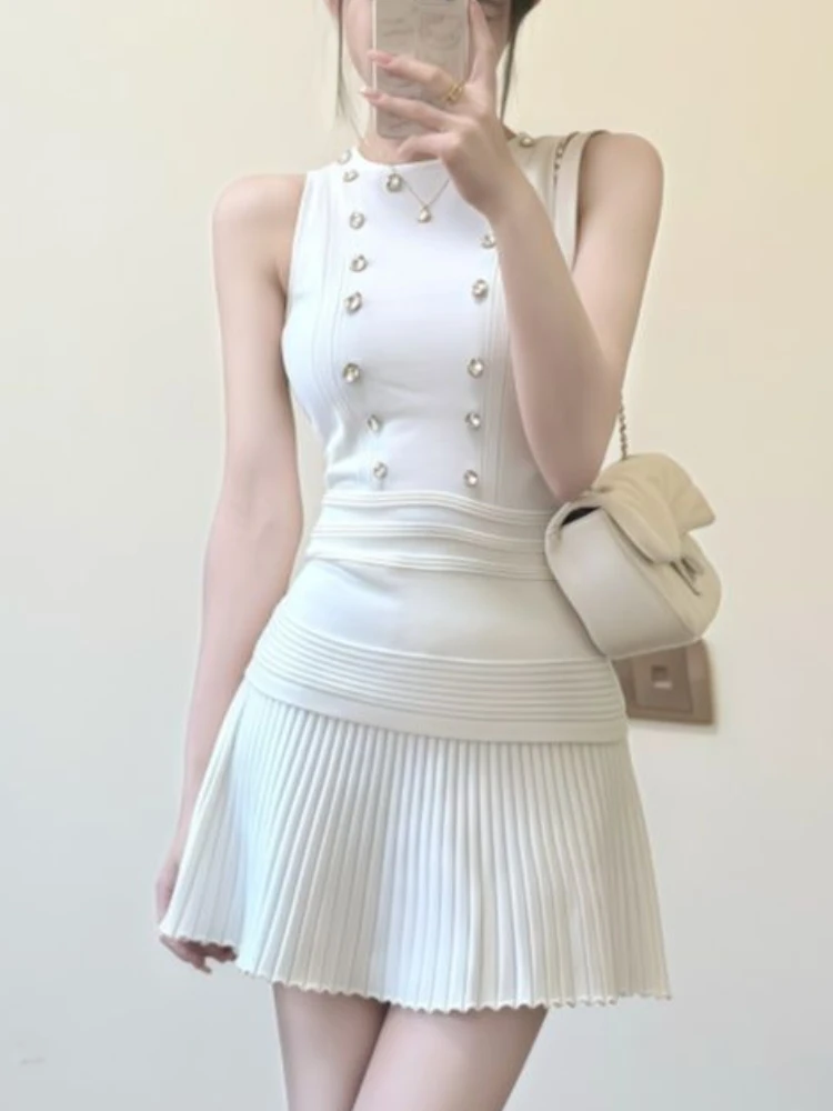 

Women Chic Two Piece Set Sleeveless Knit Tank Top and High Waist Pleated Mini Skirt Pearl Detail Slim Fit Suit Minimalist Outfit