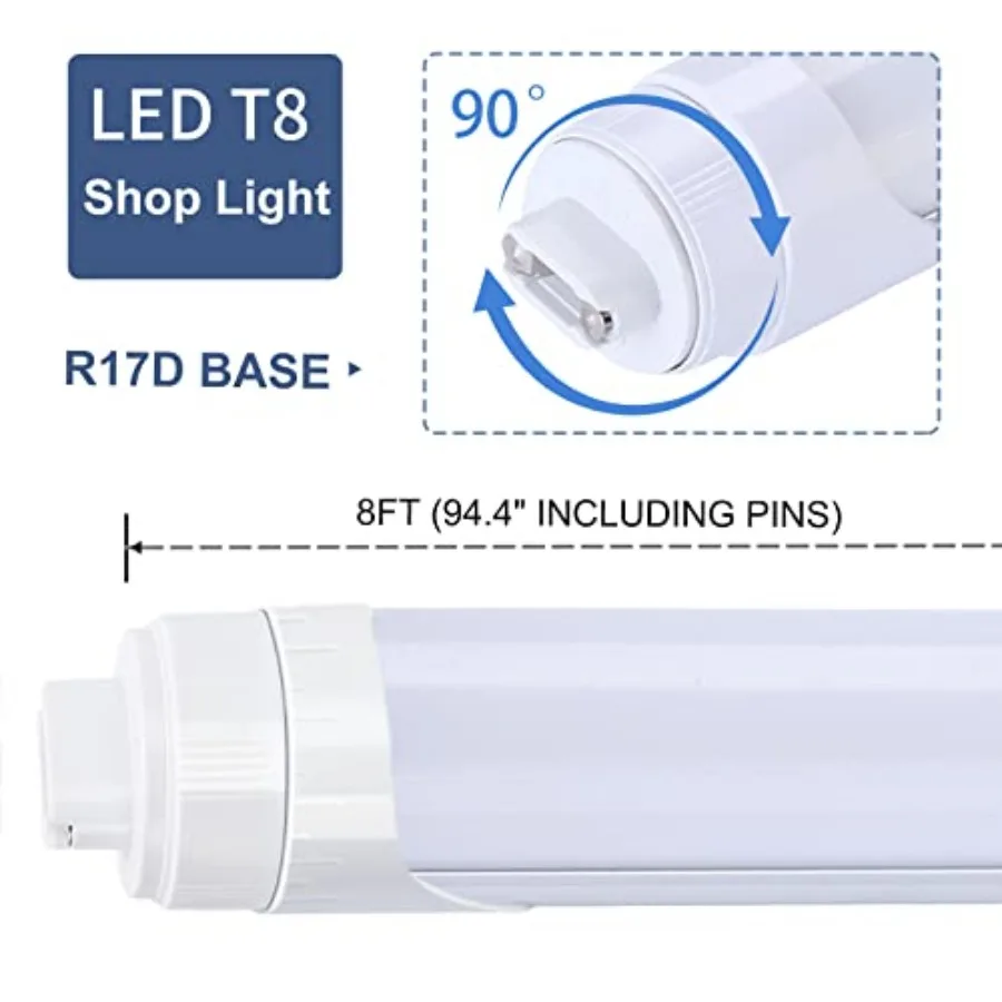 LED Bulbs 8 Feet, 2 Pin, 45W 6000K, T8 LED Tube Lights, R17D HO Rotatable 8' Shop Lights,,Dual-Ended Power, Ballast Removed, 8F