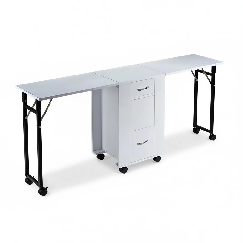 Foldable Nail Table, Iron Metal Manicure Workstation with Multi-layer Drawer, Rolling Manicure Desk, Portable Nail Station