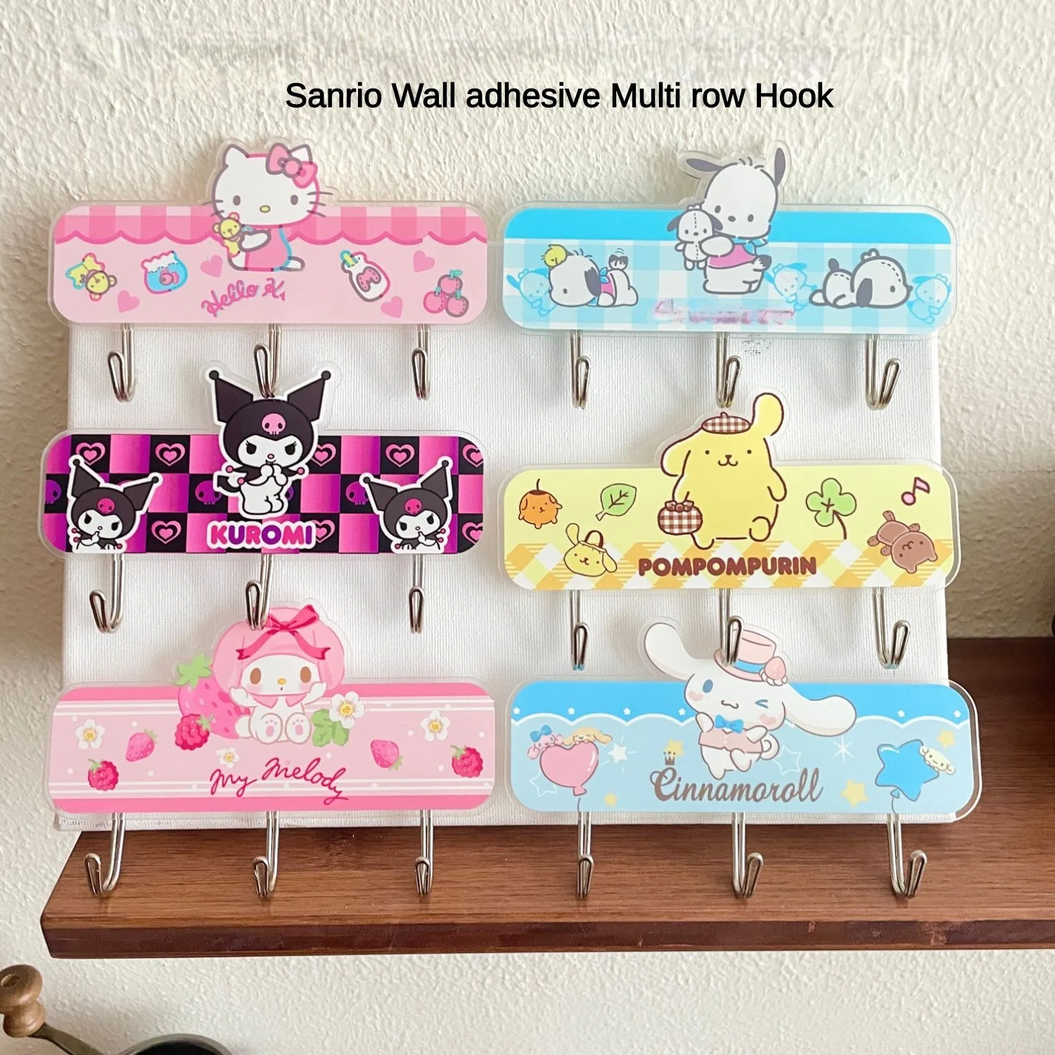 Kawaii Sanrio Multi Row Hook Cinnamoroll Kuromi My Melody Cute Student  Bedroom Kitchen Wall No Punching Hook Girls Gifts