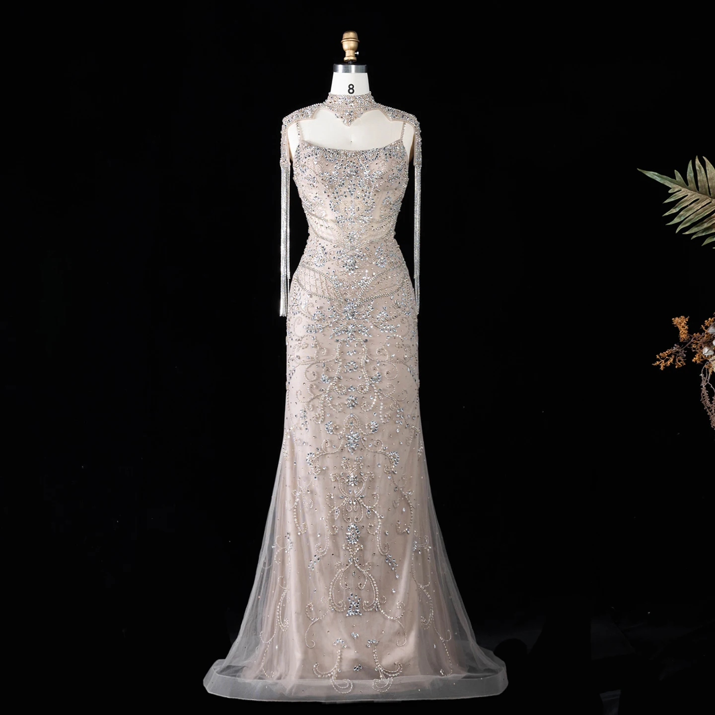 Sharon Said Luxuriöses Champagner-Abendkleid mit hohem Kragen, Spaghettiträgern, Quastenumhang, Meerjungfrauen-Schnitt, für formelle Anlässe, Partykleid SS182, maßgeschneidert – Detail 4