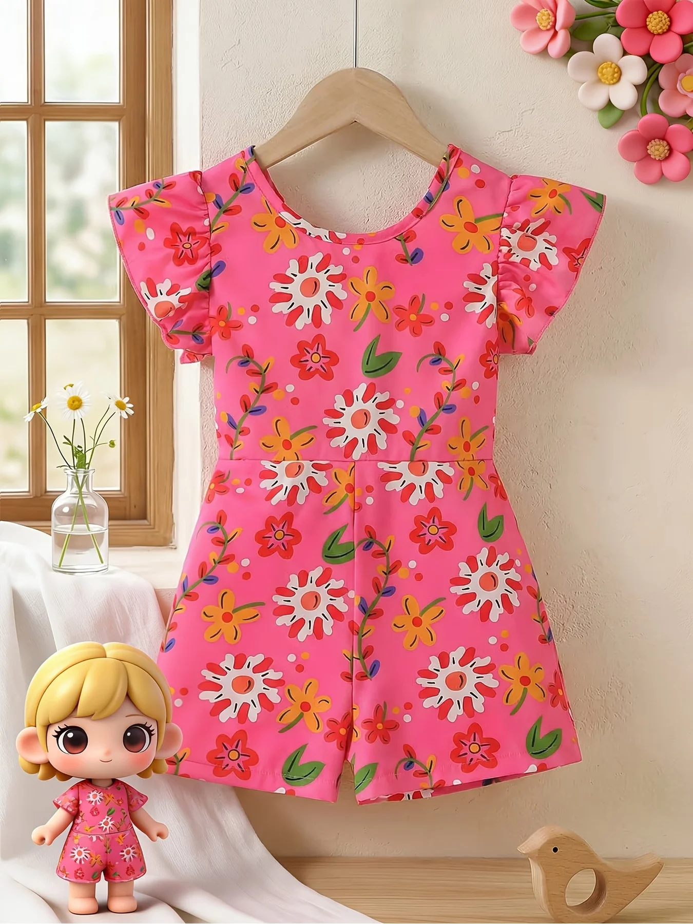 Children's Floral Print Jumpsuit with Ruffled Sleeves round Neck Wide Leg Pants Casual Elegant Style for Kids