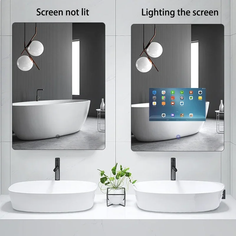 CustomizedFactory Direct Touch Screen Interactive Rectangle Wall Mirror Led Light Waterproof Smart Magic Mirror With Tv WIFI Bat