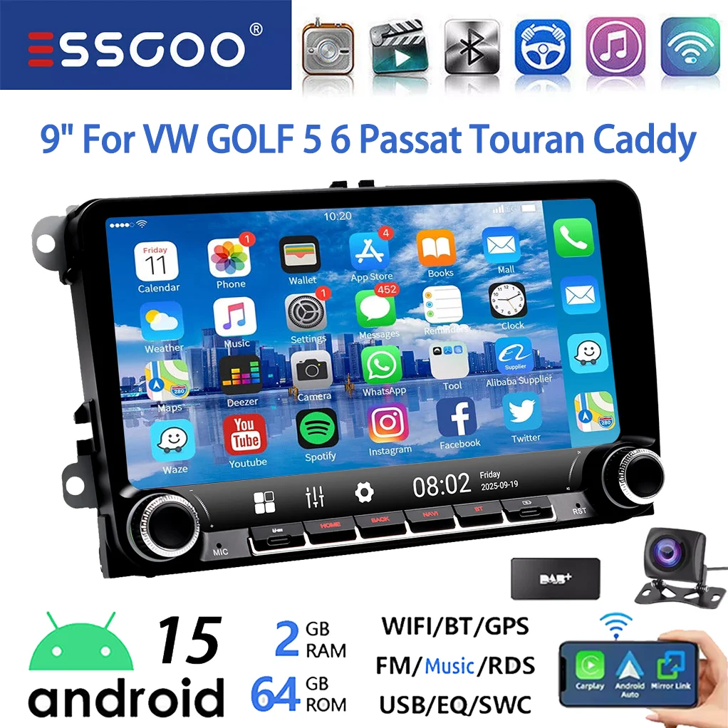 ESSGOO Android 15 9 inch 64GB voor VW GOLF 5 6 Plus Touran Caddy Draadloze Carplay Autostereo Radio GPS NAVI WIFI SWC RDS BT USB Type-C