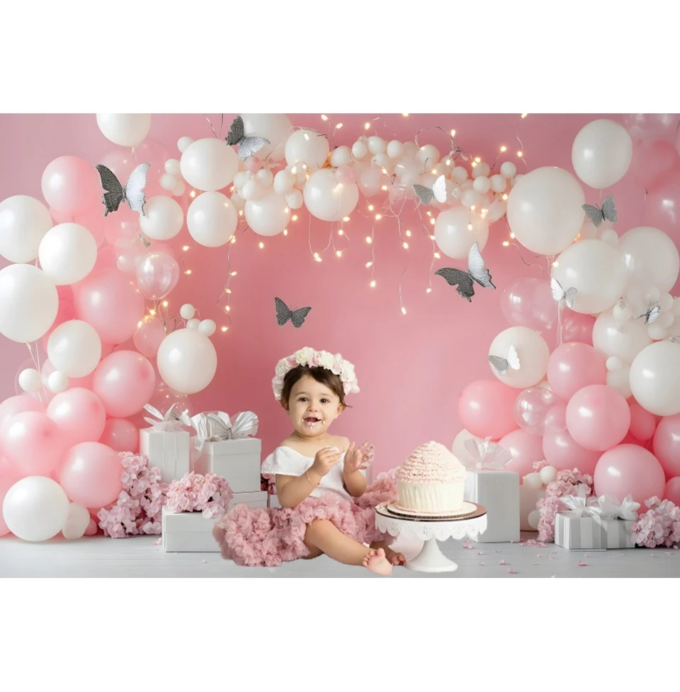 Baru Lahir Bayi Ulang Tahun Pertama Latar Belakang Kue Smash Anak Perempuan Laki-laki Pink Biru Balon Tenda Bunga Ruang Interior Fotografi Latar Belakang Props