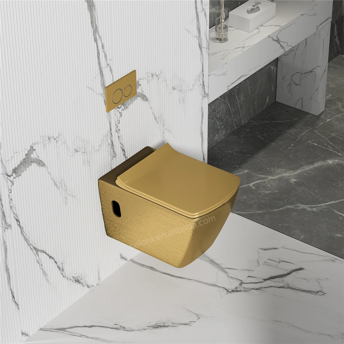 Brush electroplated golden modern hotel bathroom sanitary ware luxury wall hung wc pedestal basin sink ceramic gold toilet set