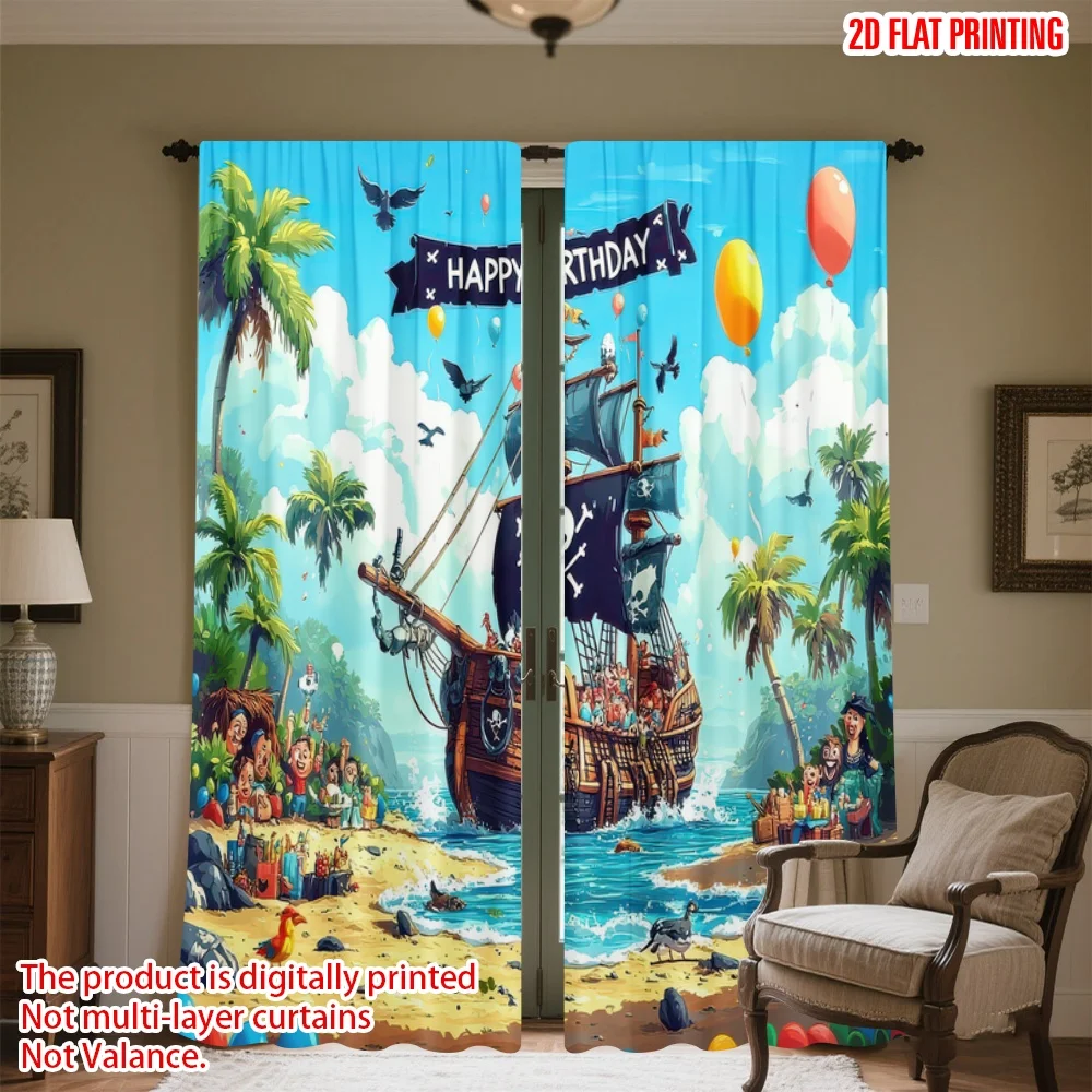 

2D flat printing 2pcs Party Curtains Birthday Pirate Adventure Digital Printed Polyester Drapes Family Party Decoration Use for