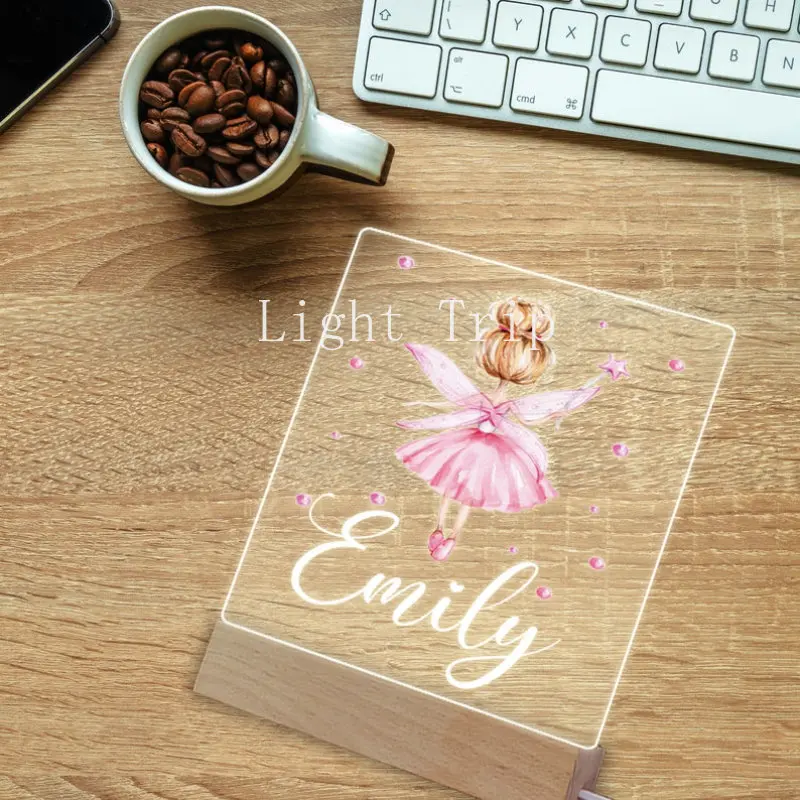 Personalized Pink Fairy Night Light With Name Nursery Room Ballerina Night Light with Custom baby Name Gift For Kids Bedroom