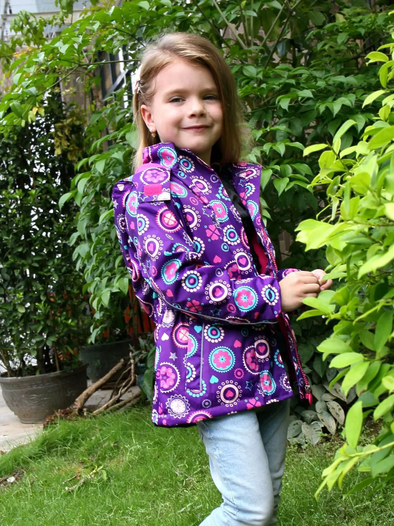 Girl\'s Jersey Windproof & Waterproof Thermal Warm Hoodie Jacket, Full Print & Reflective Details Outdoor Windbreaker Rain Coats