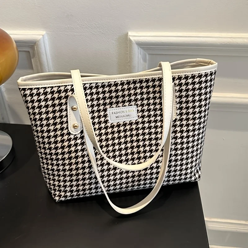 Lässige Tragetasche mit Hahnentrittmuster, Große Schultertasche mit Braunen Lederriemen, Vielseitig für Alltag und Ausflüge – Detail 9