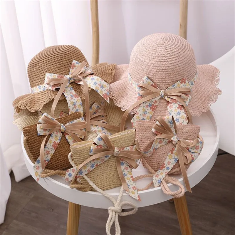 Summer Parent-child Beach Hat Female Casual Panama Hat Lady Brand Women Flat brim Bowknot Straw cap girls Sun Hat