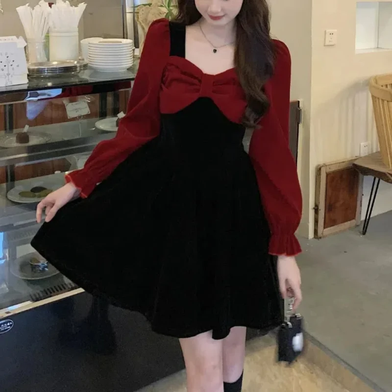 Retro Autumn Winter Women's 2024 New Splicing Square Collar Bow Zipper Fashion Solid Color Loose Casual Long Sleeve Dresses