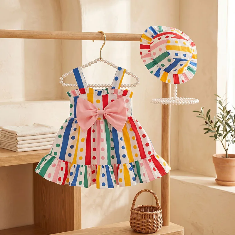 2Pcs/Set Colorful Baby Girl Birthday Party Princess Evening Dress Polka Dot Bow Knot Children Clothes 0 to 3 Years Kids + Hat
