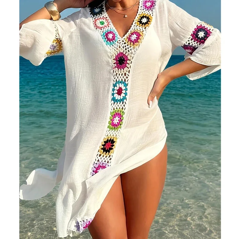 Women's White Crochet Floral Patchwork Beach Cover Up - V Neck Half Sleeve Loose Swimwear Cover Up Dress for Summer Vacation