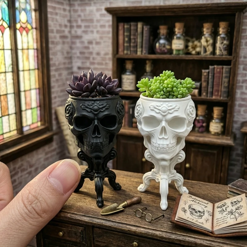 1:12 Scale Gothic Skull Mini Planter 3D Printed Ornate Rococo Stand Micro Flower Pots Handicraft Ornaments Dollhouse Decor Gifts