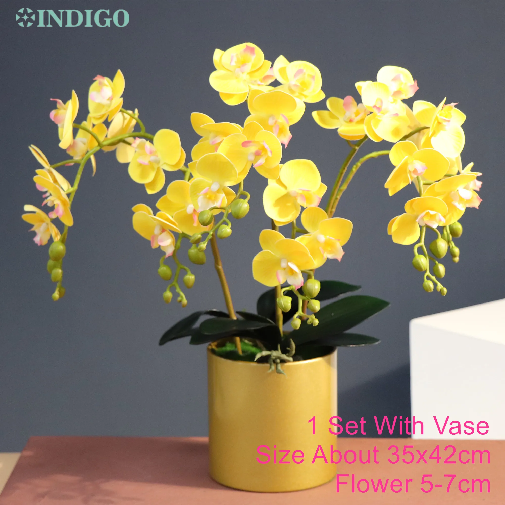 

INDIGO-Assembled Yellow Orchid Flower Arrangment, Real Touch Petal, Home Decoration, Centerpiece, 3Pcs, 2 Leaf + Pot